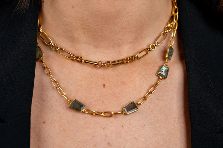 a model wearing an asymmetrical labradorite necklace