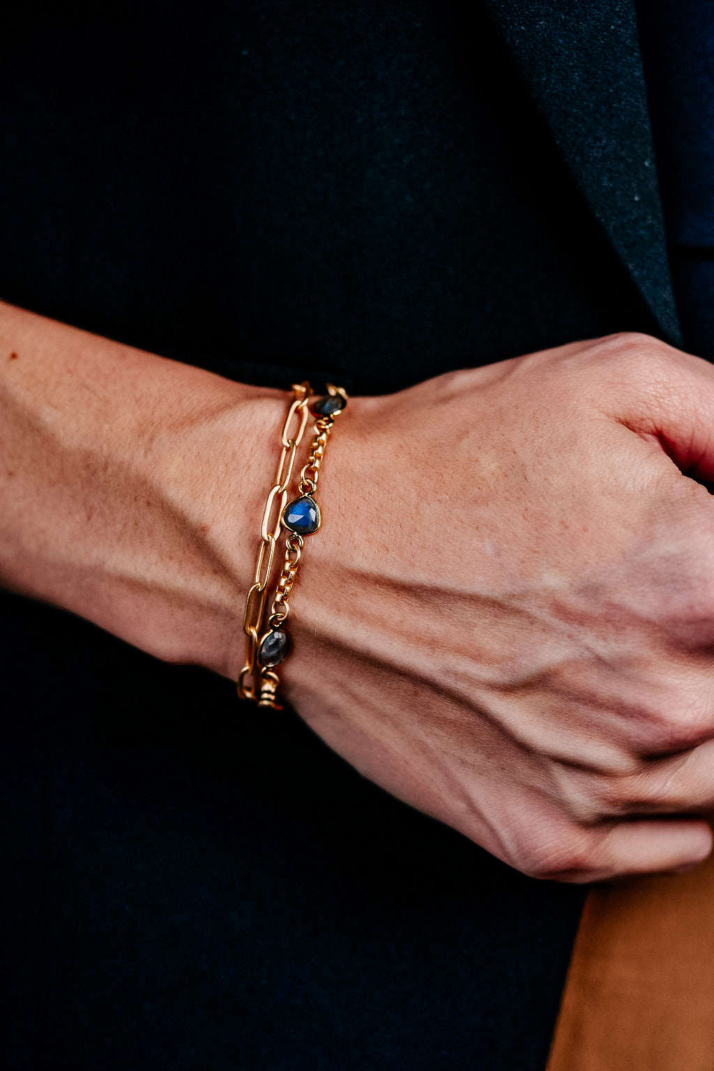 a model wearing a double wrapped labradorite bracelet