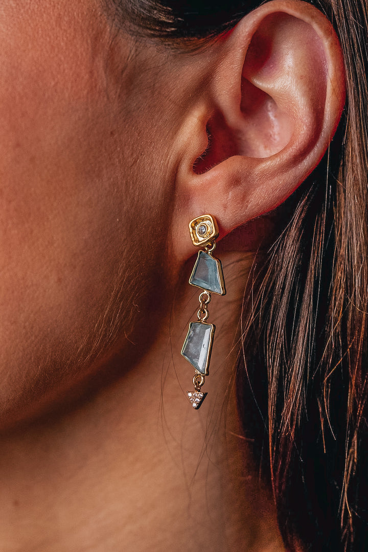 a model wearing aquamarine gold earrings