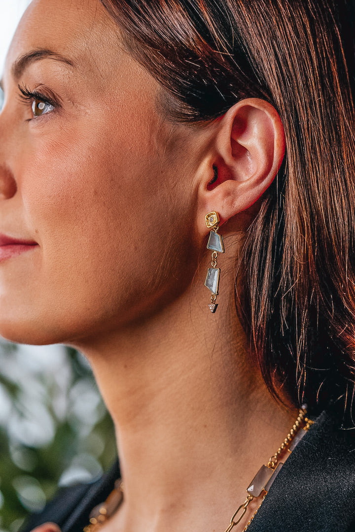 a model wearing aquamarine gold earrings