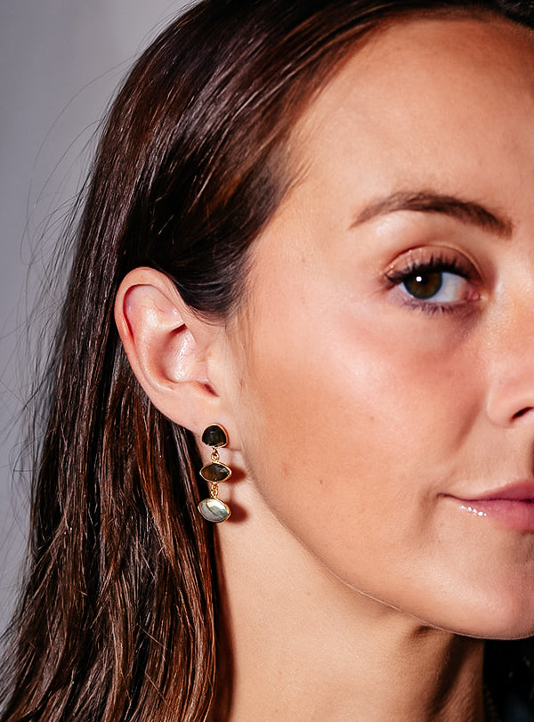 A model wearing labradorite marquis earrings.