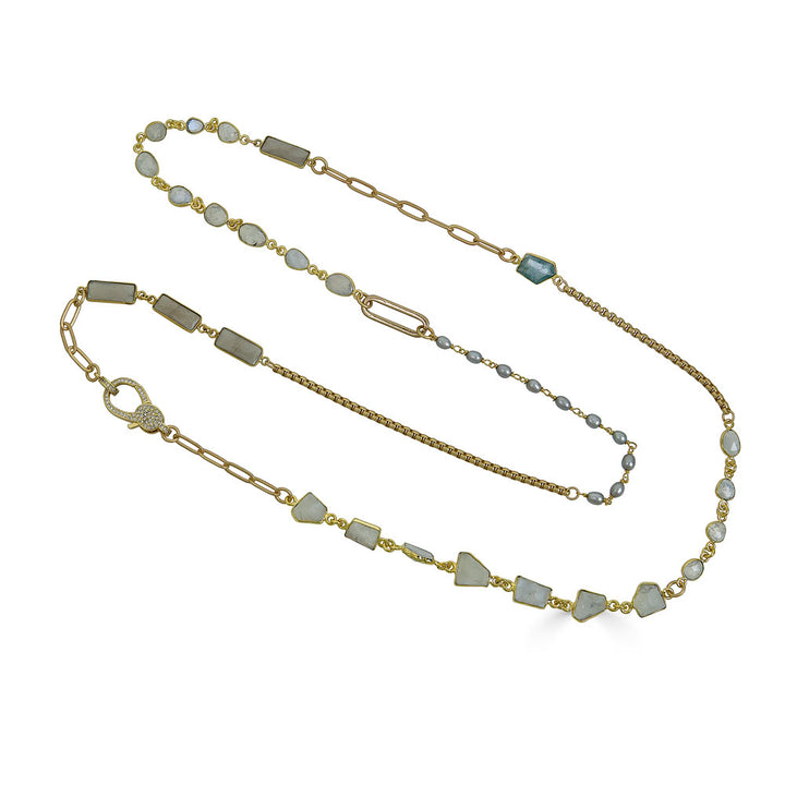 a mixed gemstone necklace with gray and rainbow moonstone, aquamarine and rice pearls.