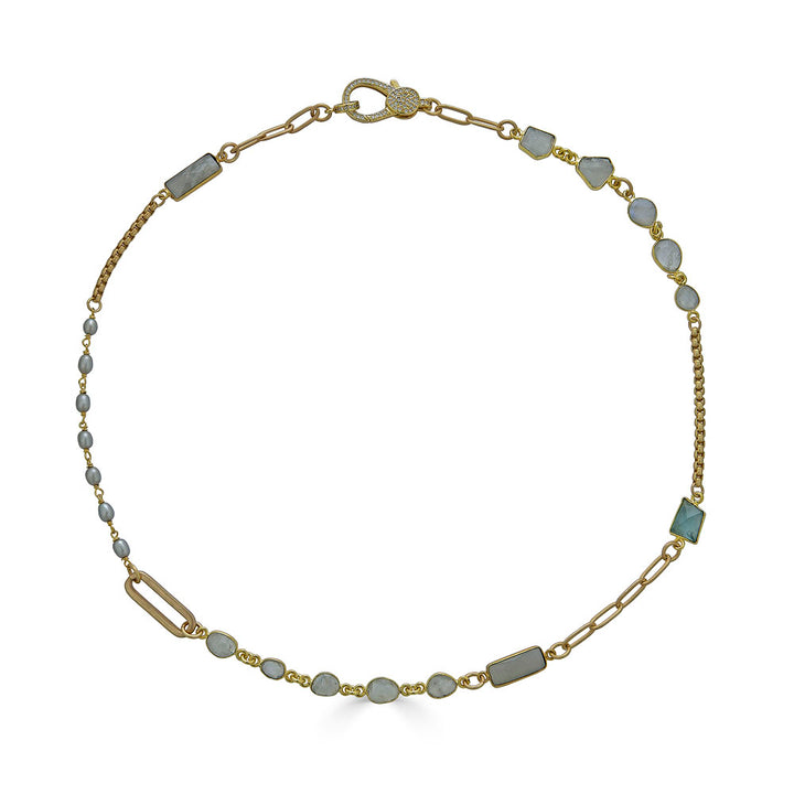 Gold Moonstone, Aquamarine and Pearl Short Necklace