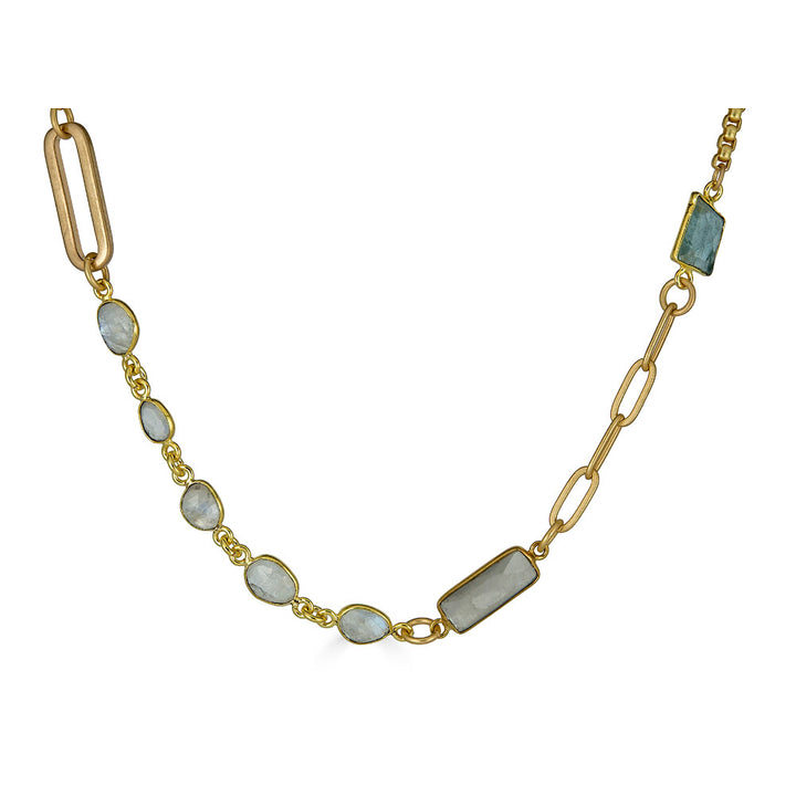 Gold Moonstone, Aquamarine and Pearl Short Necklace