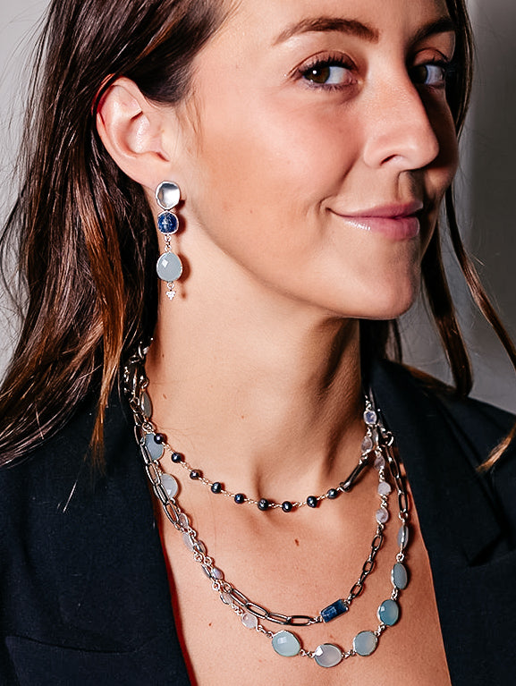 a model wearing Silver kyanite and aquamarine earrings