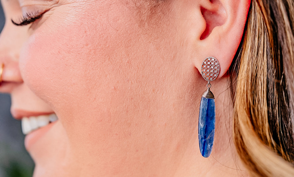 a model wearing Silver Kyanite Earrings