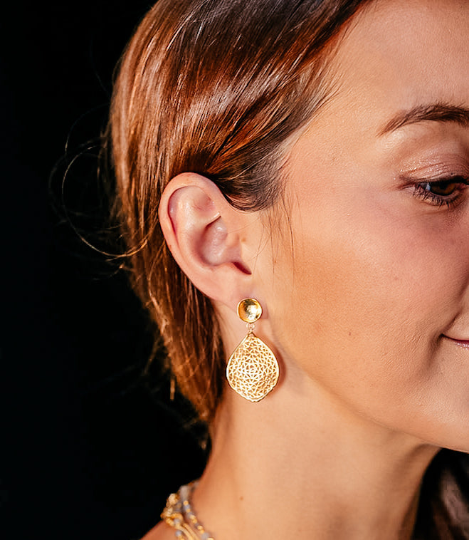 a model wearing teardrop shaped lace earring